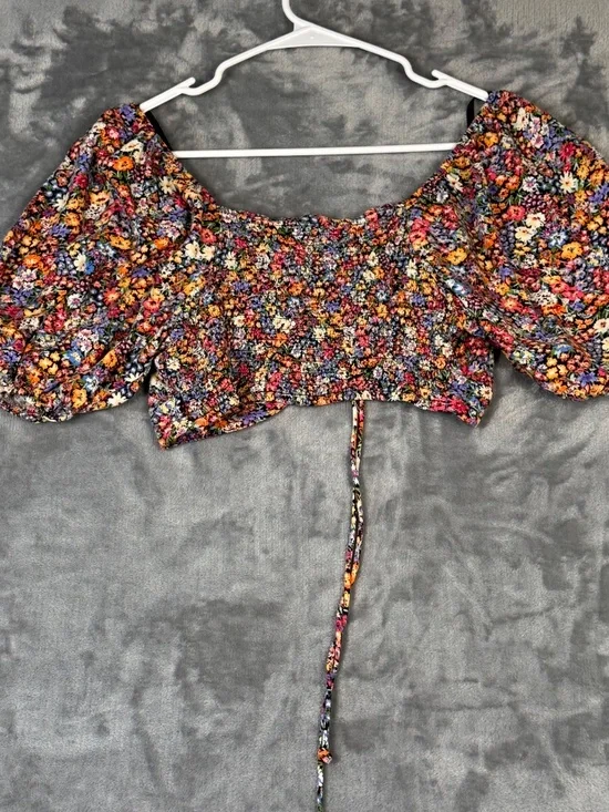 Wild Fable Floral Crop Top Puff Sleeve Tie Front Boho Cottagecore L - Picture 2 of 4